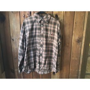 Old Country Inn Brown Plaid Flannel Shirt Size L 100% Cotton Western